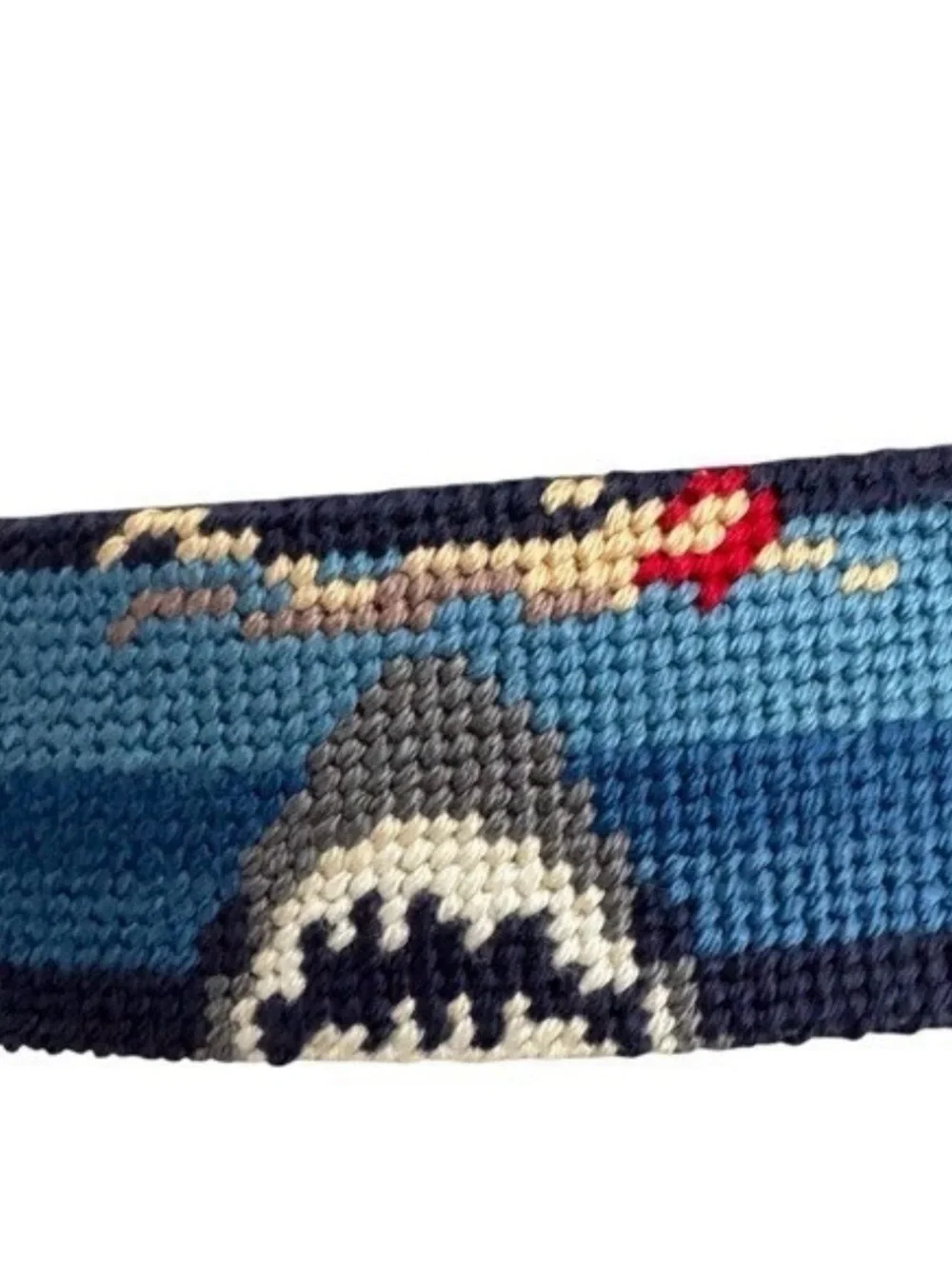 Tucker Blair Brown Leather Shark Swimmer Needlepoint Brass Buckle Belt Sz 34